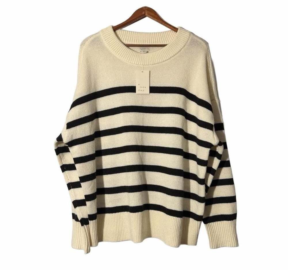 A New Day Striped Crewneck Sweater Size XL Cream Black